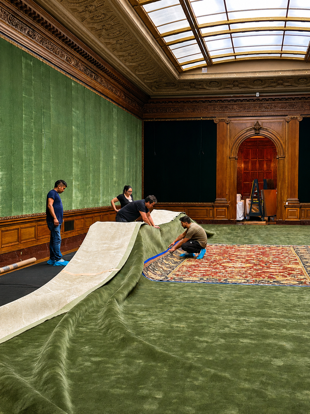 Costikyan specialists installing carpeting and a reproduced Safavid Dynasty Herat rug at The Frick Collection
